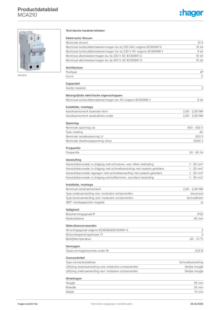Afbeelding Hager Productdatablad MCA210 | Hager Belgium