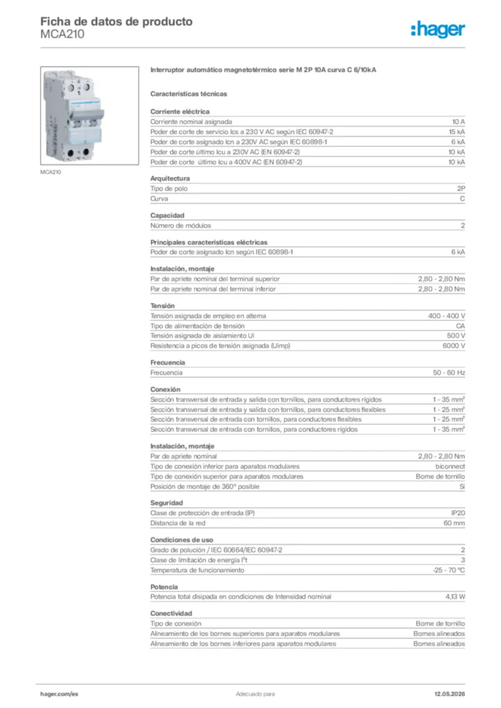 Imagen Hager Ficha de datos de producto MCA210 | Hager España