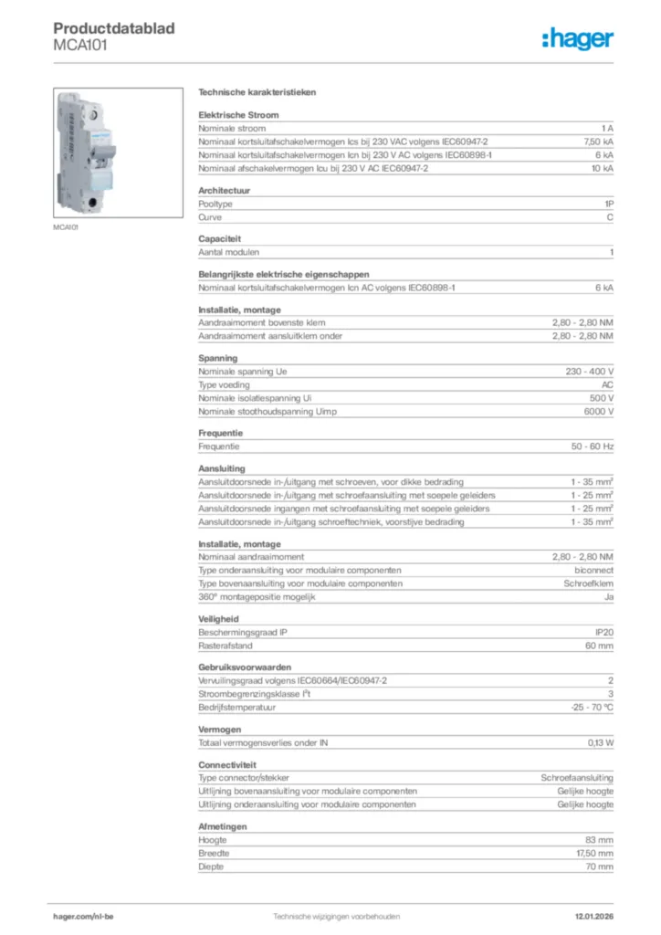 Afbeelding Hager Productdatablad MCA101 | Hager Belgium