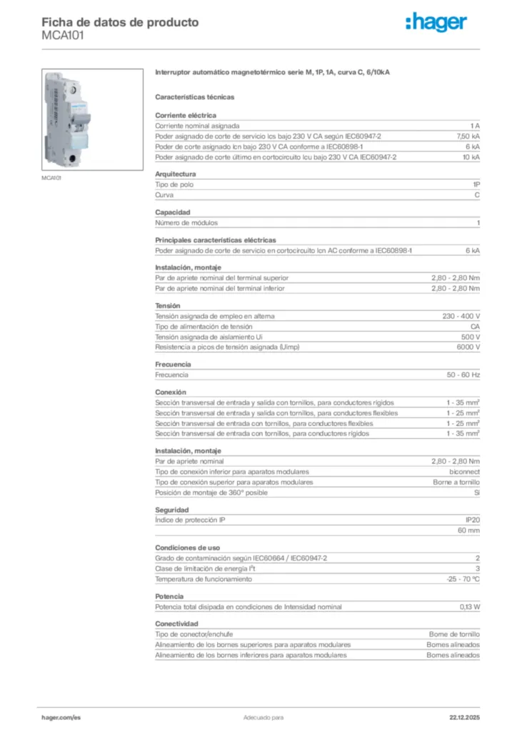 Imagen Hager Ficha de datos de producto MCA101 | Hager España