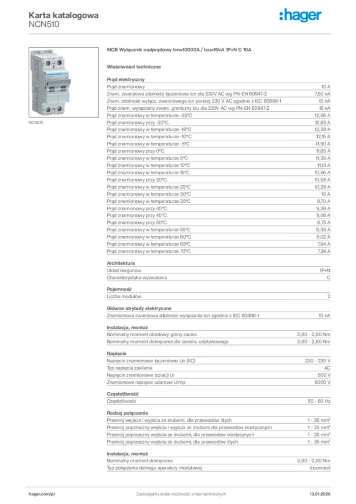 Zdjęcie Hager Karta katalogowa NCN510 | Hager Polska