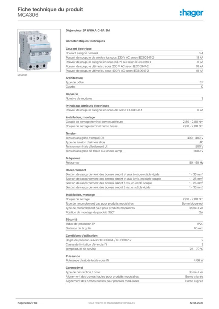 Image Hager Fiche technique du produit MCA306 | Hager Belgique