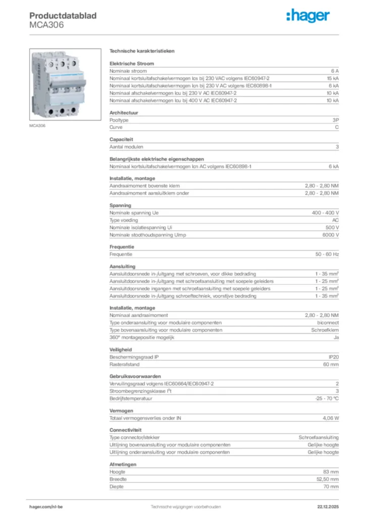 Afbeelding Hager Productdatablad MCA306 | Hager Belgium