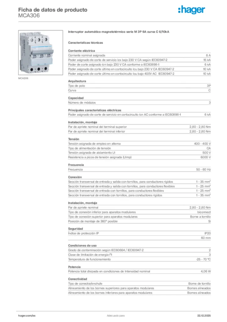 Imagen Hager Ficha de datos de producto MCA306 | Hager España