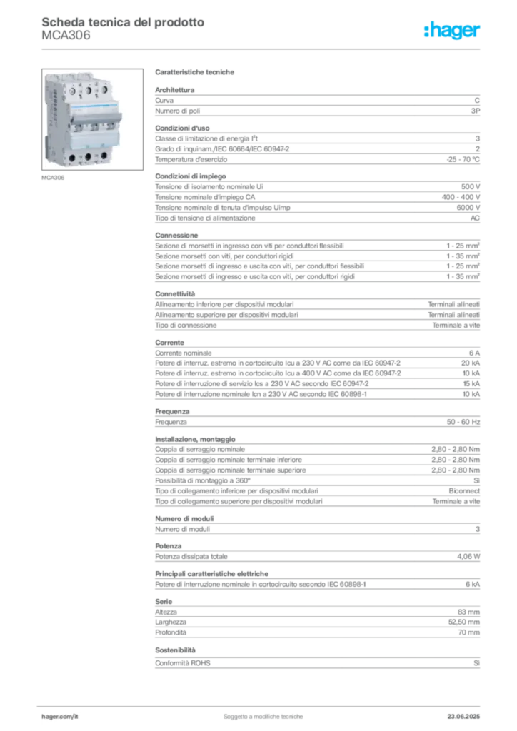 Immagine Hager Scheda tecnica del prodotto MCA306 | Hager Italia
