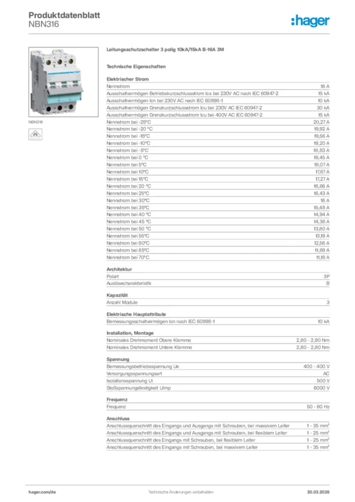 Bild Hager Produktdatenblatt NBN316 | Hager Deutschland