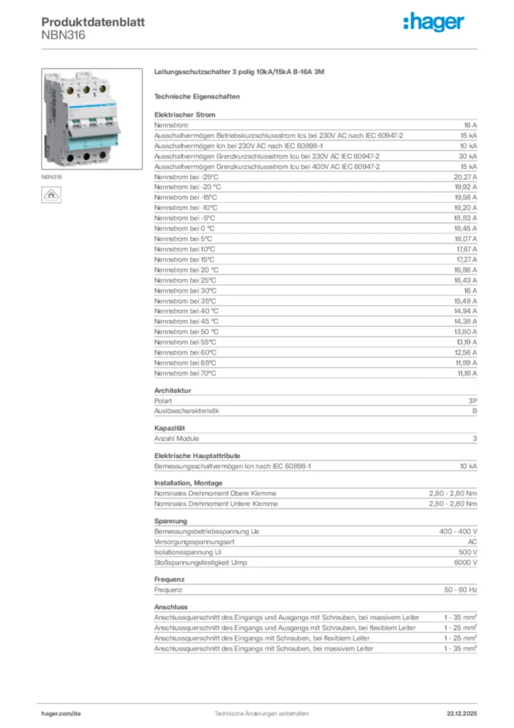 Bild Hager Produktdatenblatt NBN316 | Hager Deutschland