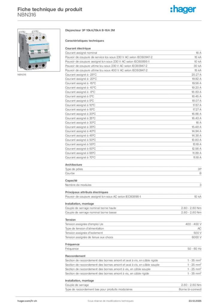 Image Hager Fiche technique du produit NBN316 | Hager Suisse