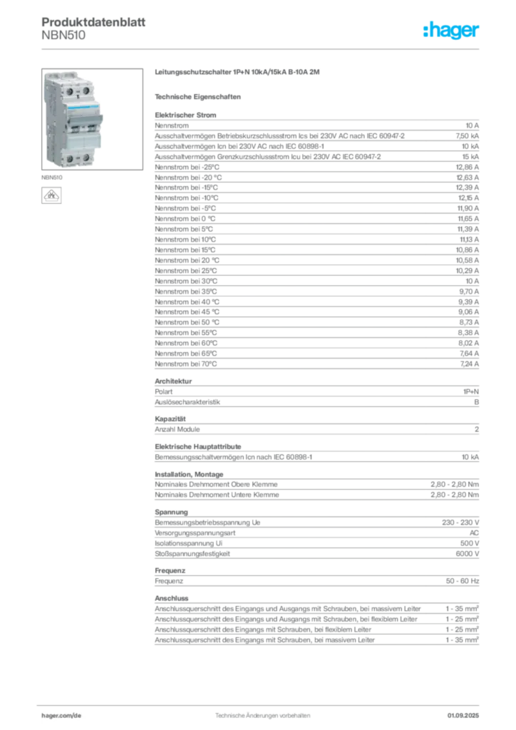Hager Produktdatenblatt NBN510