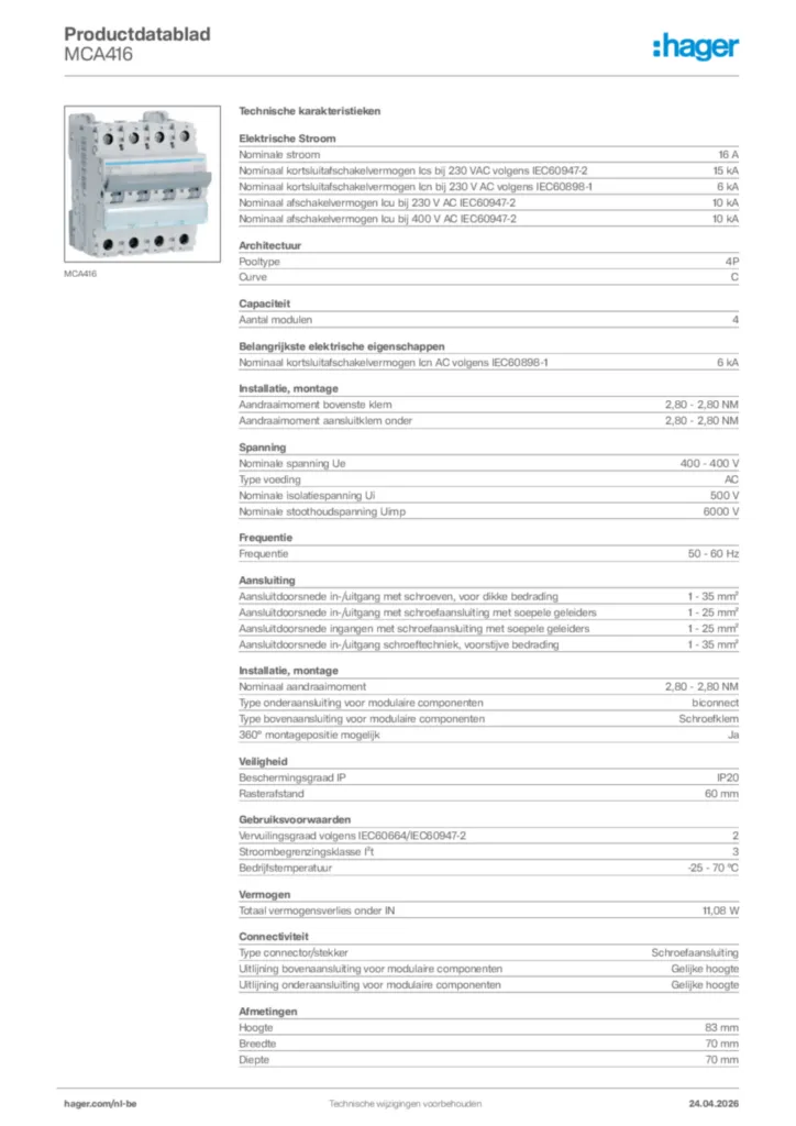 Afbeelding Hager Productdatablad MCA416 | Hager Belgium