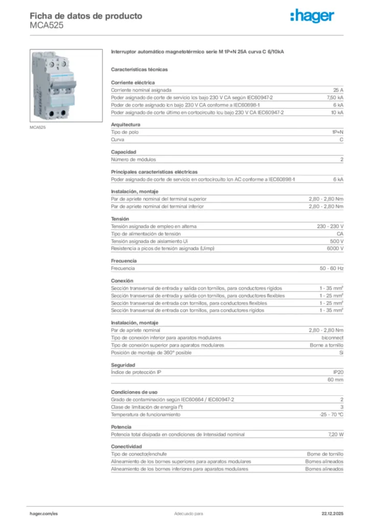 Imagen Hager Ficha de datos de producto MCA525 | Hager España
