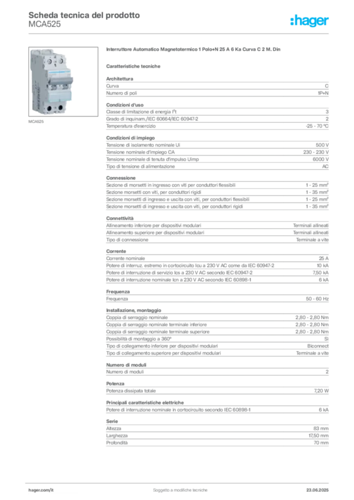 Immagine Hager Scheda tecnica del prodotto MCA525 | Hager Italia