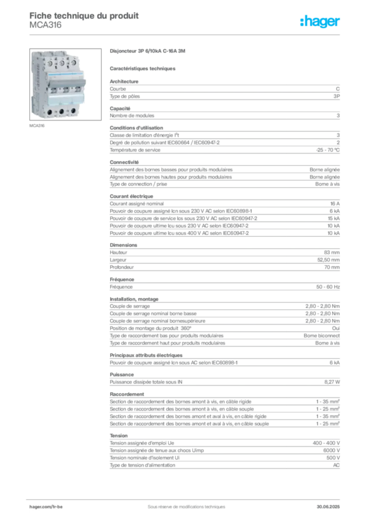 Image Hager Fiche technique du produit MCA316 | Hager Belgique