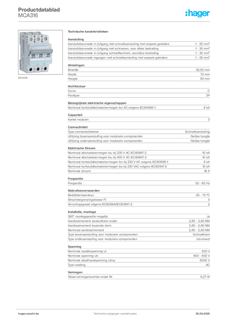 Afbeelding Hager Productdatablad MCA316 | Hager Belgium