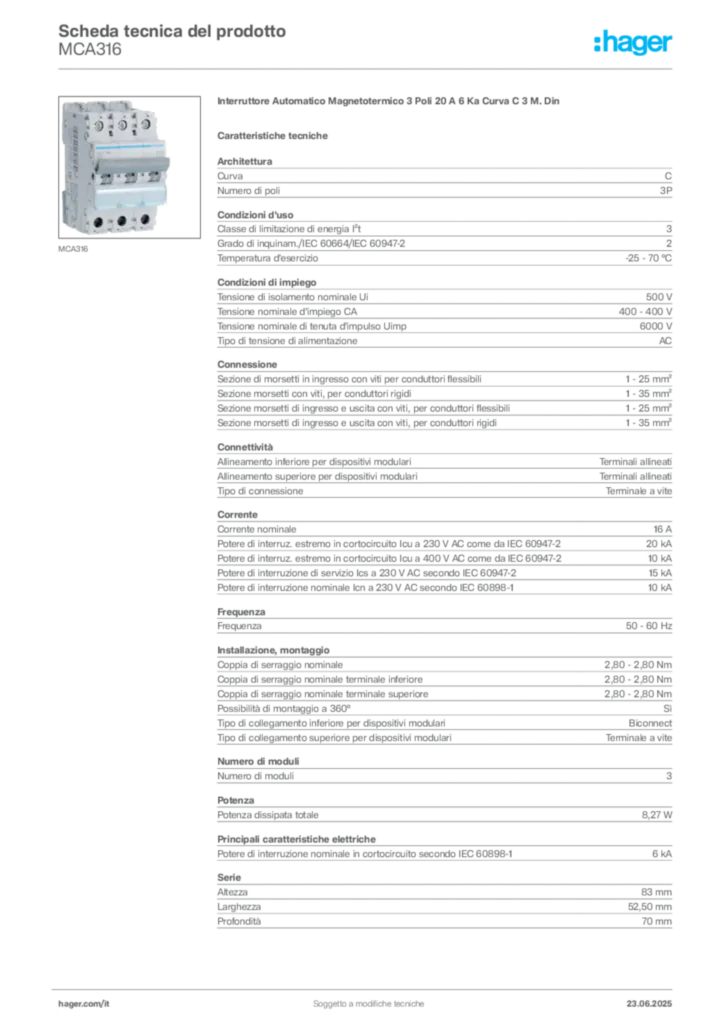 Immagine Hager Scheda tecnica del prodotto MCA316 | Hager Italia