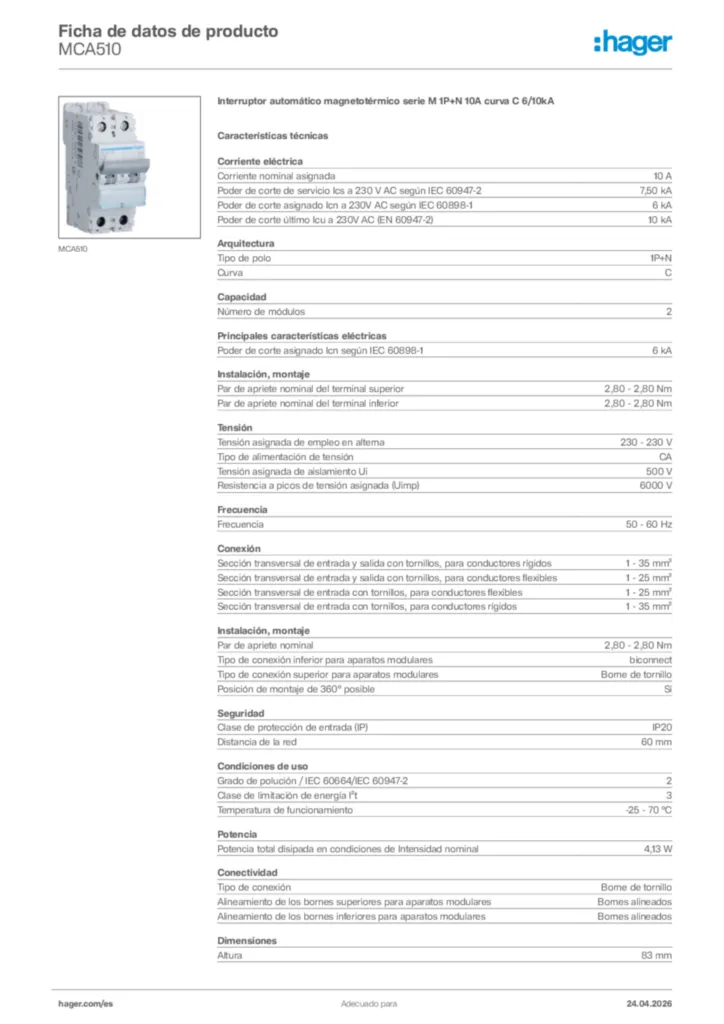 Imagen Hager Ficha de datos de producto MCA510 | Hager España