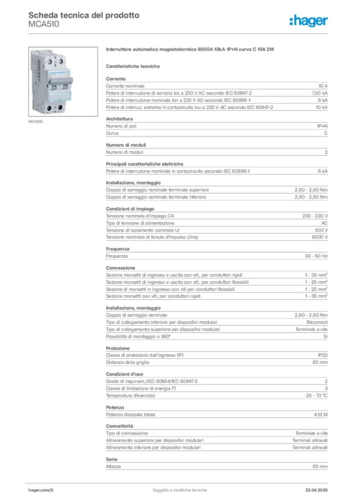 Immagine Hager Scheda tecnica del prodotto MCA510 | Hager Italia