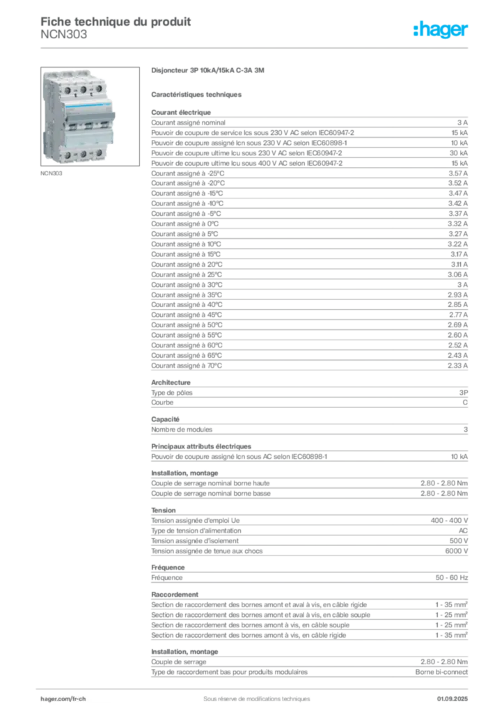 Image Hager Fiche technique du produit NCN303 | Hager Suisse
