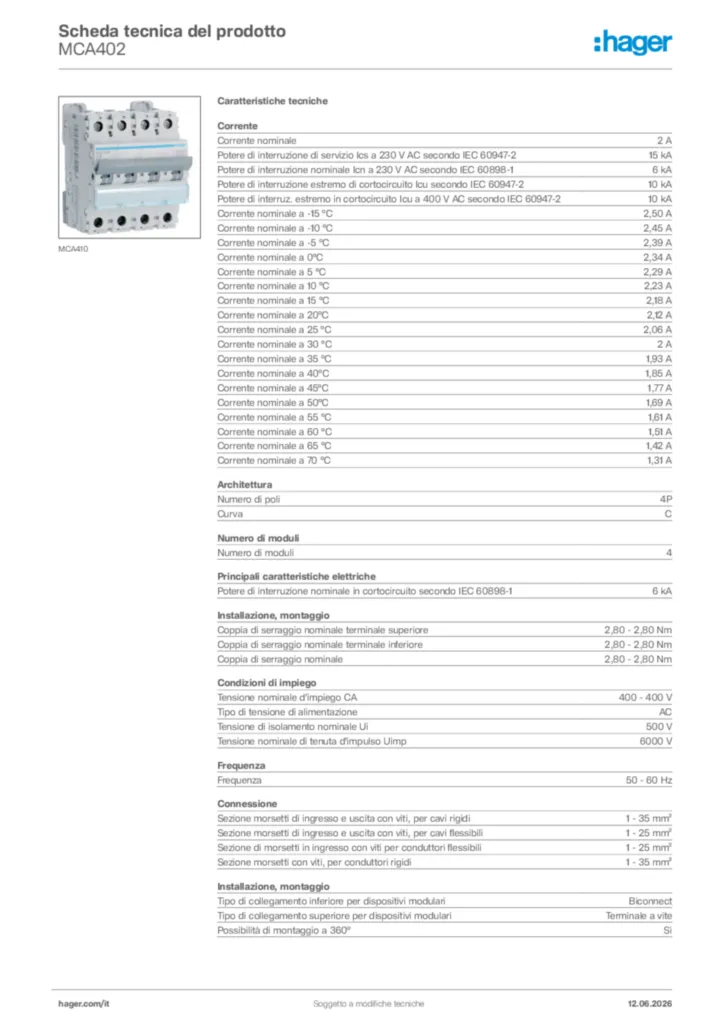 Immagine Hager Scheda tecnica del prodotto MCA402 | Hager Italia