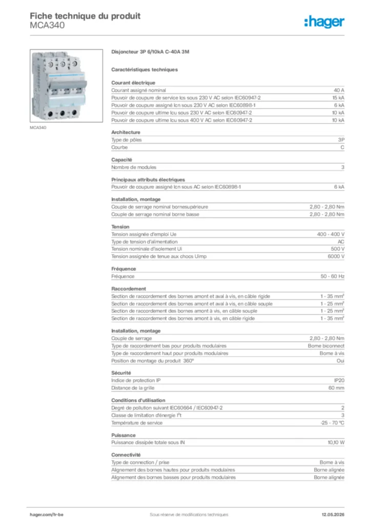 Image Hager Fiche technique du produit MCA340 | Hager Belgique