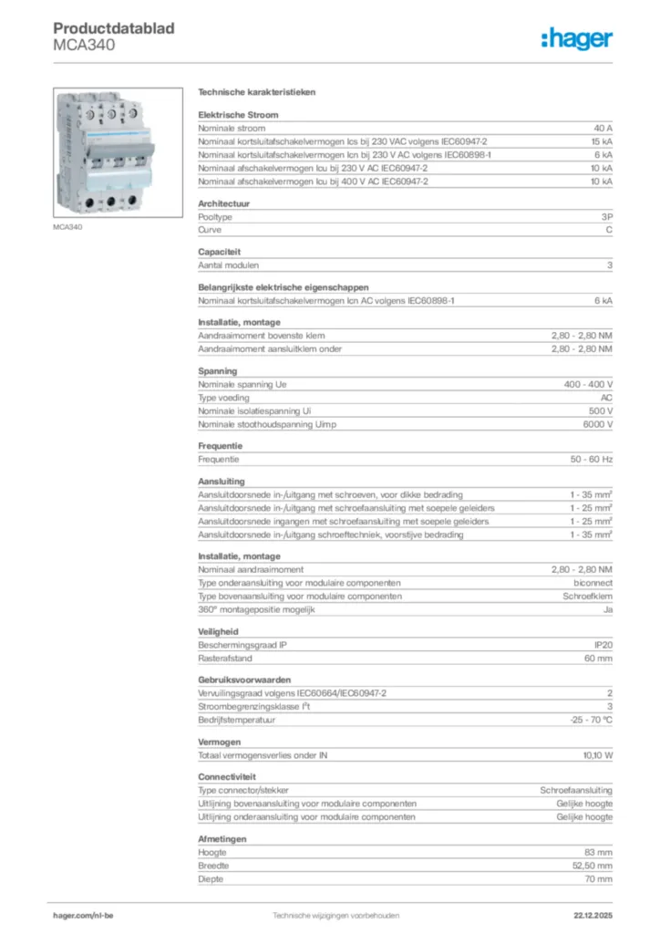 Afbeelding Hager Productdatablad MCA340 | Hager Belgium