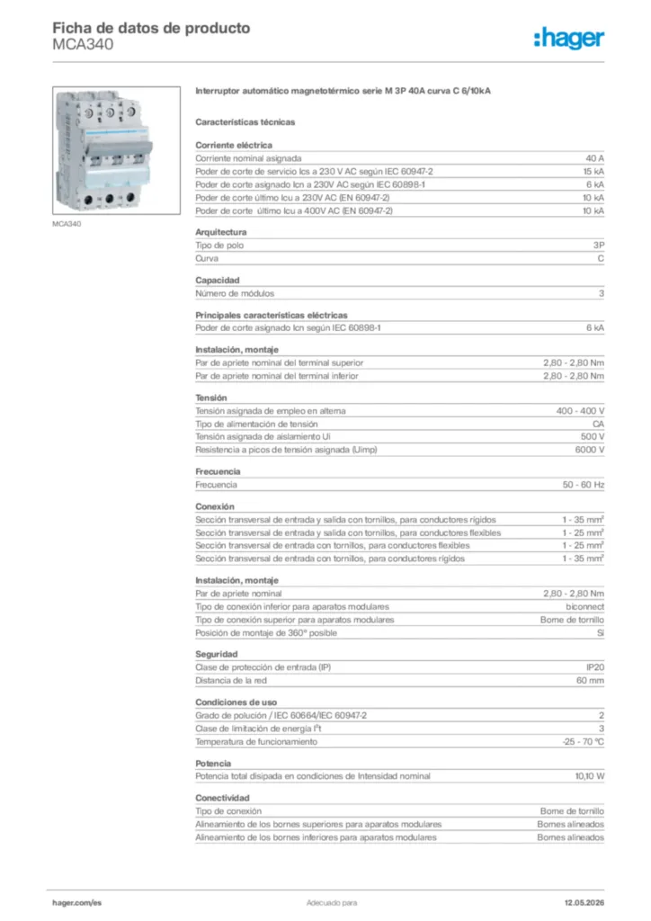 Imagen Hager Ficha de datos de producto MCA340 | Hager España