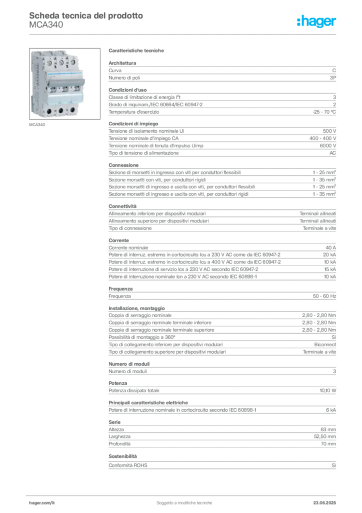 Immagine Hager Scheda tecnica del prodotto MCA340 | Hager Italia
