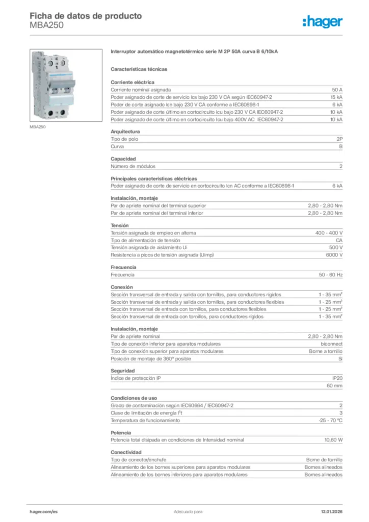 Imagen Hager Ficha de datos de producto MBA250 | Hager España