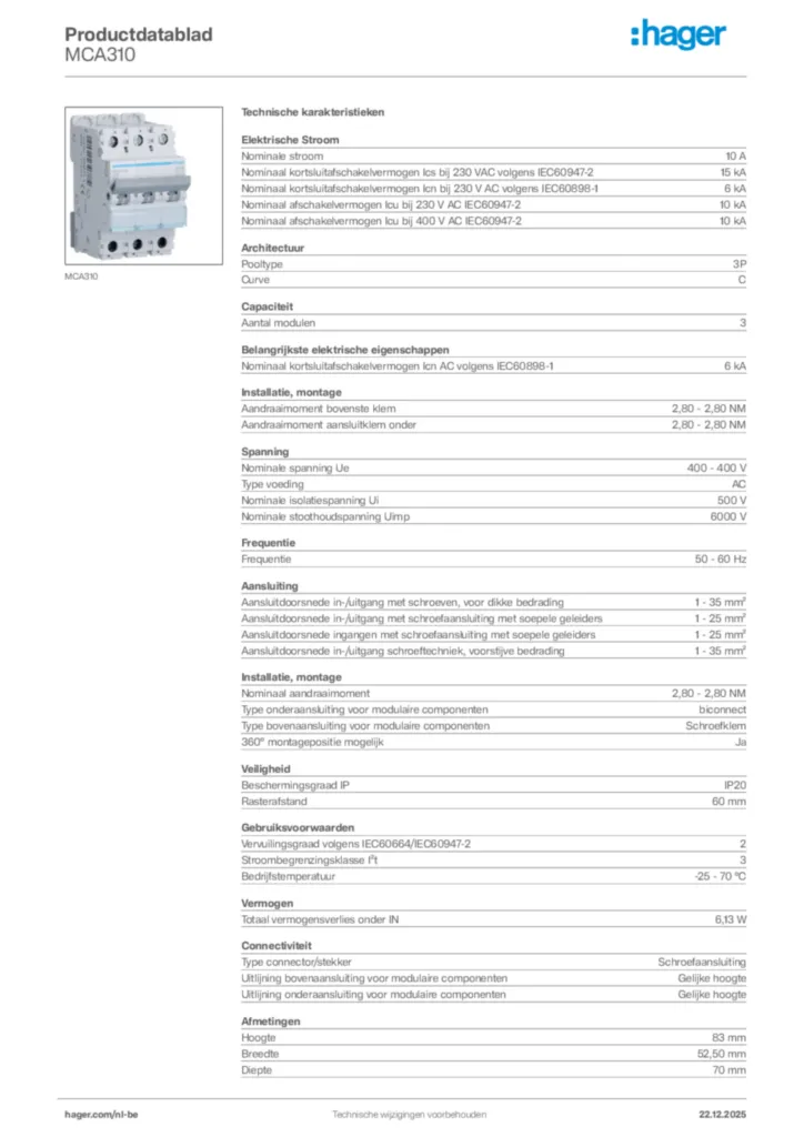 Afbeelding Hager Productdatablad MCA310 | Hager Belgium