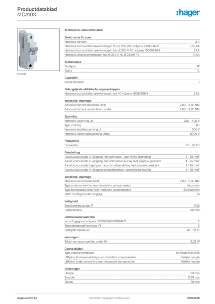 Afbeelding Hager Productdatablad MCA103 | Hager Belgium