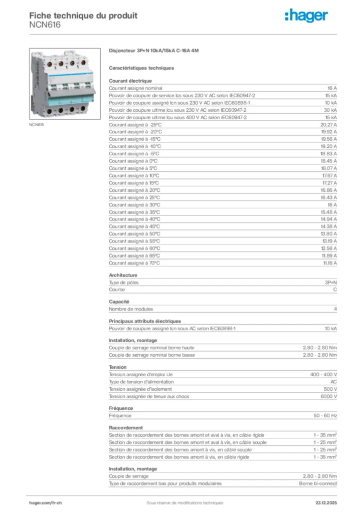 Image Hager Fiche technique du produit NCN616 | Hager Suisse