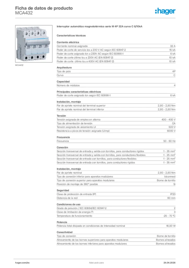 Imagen Hager Ficha de datos de producto MCA432 | Hager España