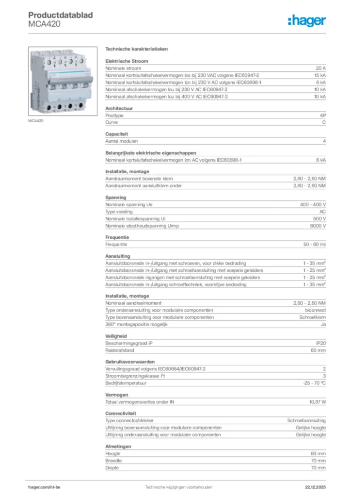Afbeelding Hager Productdatablad MCA420 | Hager Belgium