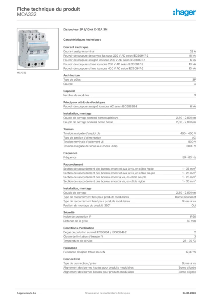 Image Hager Fiche technique du produit MCA332 | Hager Belgique