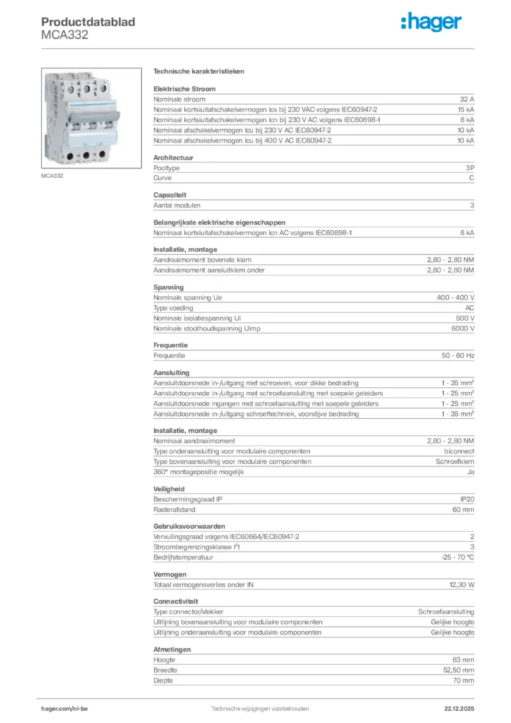 Afbeelding Hager Productdatablad MCA332 | Hager Belgium