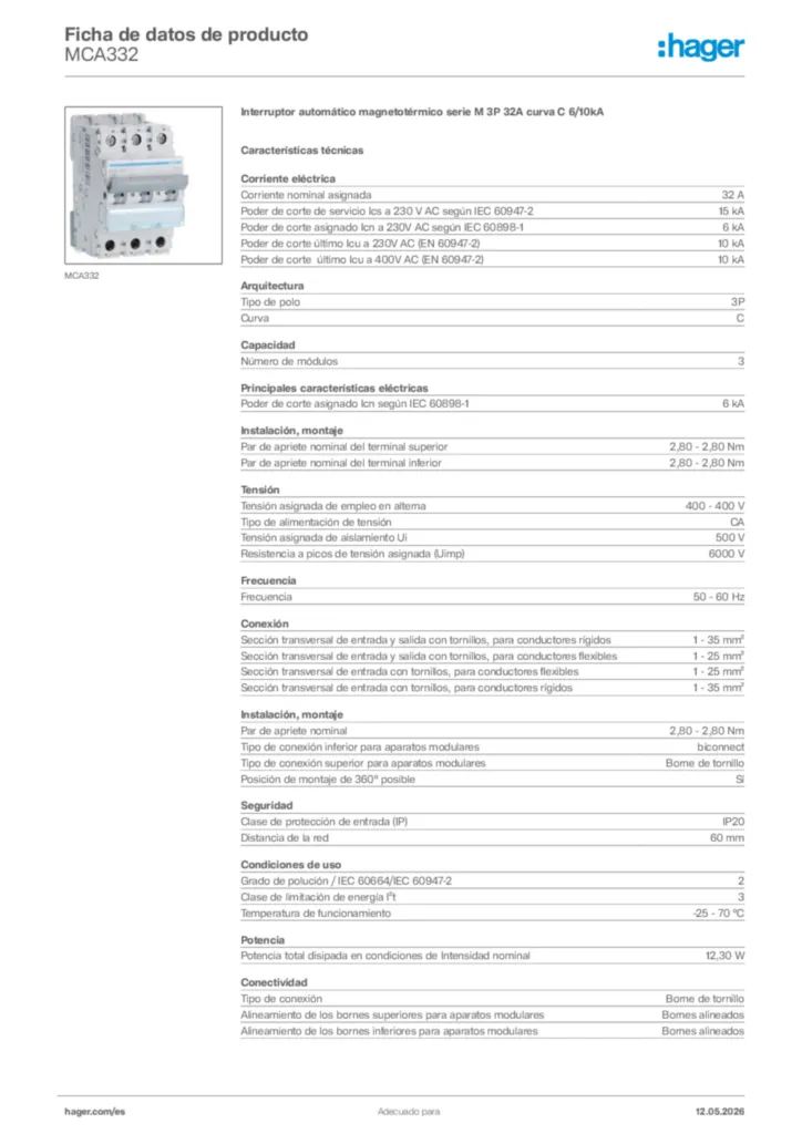 Imagen Hager Ficha de datos de producto MCA332 | Hager España