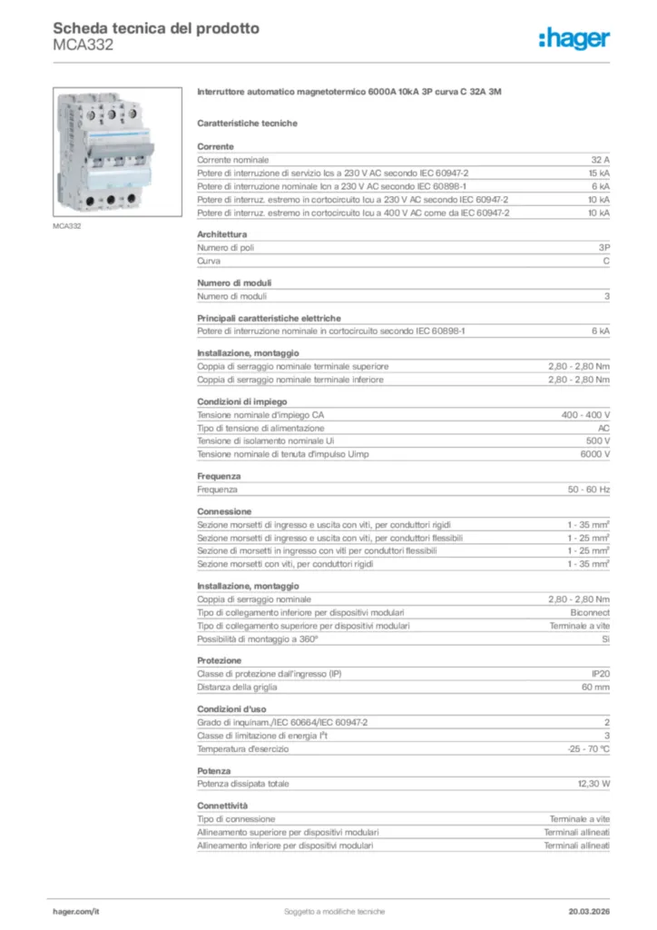 Immagine Hager Scheda tecnica del prodotto MCA332 | Hager Italia