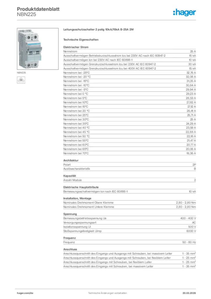 Bild Hager Produktdatenblatt NBN225 | Hager Deutschland