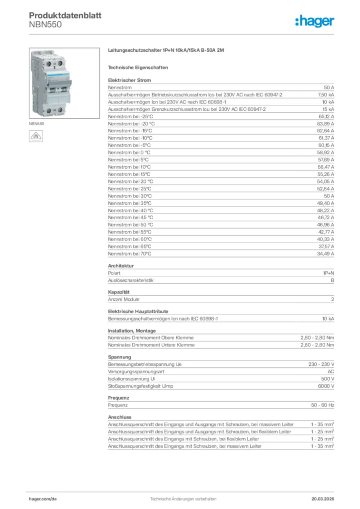 Bild Hager Produktdatenblatt NBN550 | Hager Deutschland