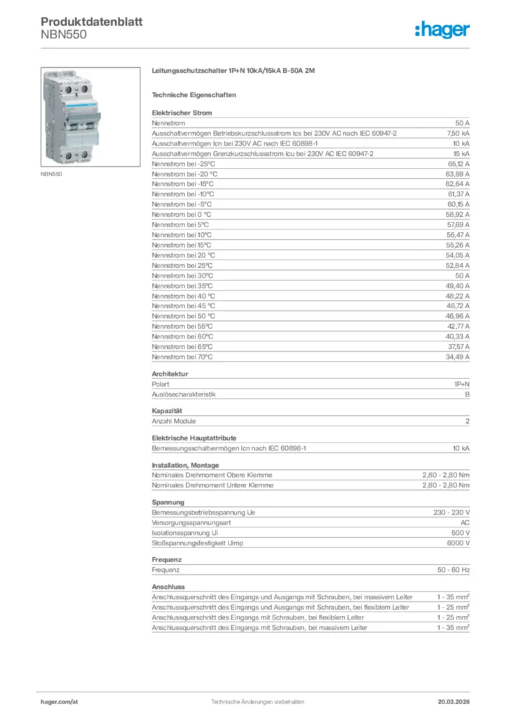 Bild Hager Produktdatenblatt NBN550 | Hager Deutschland