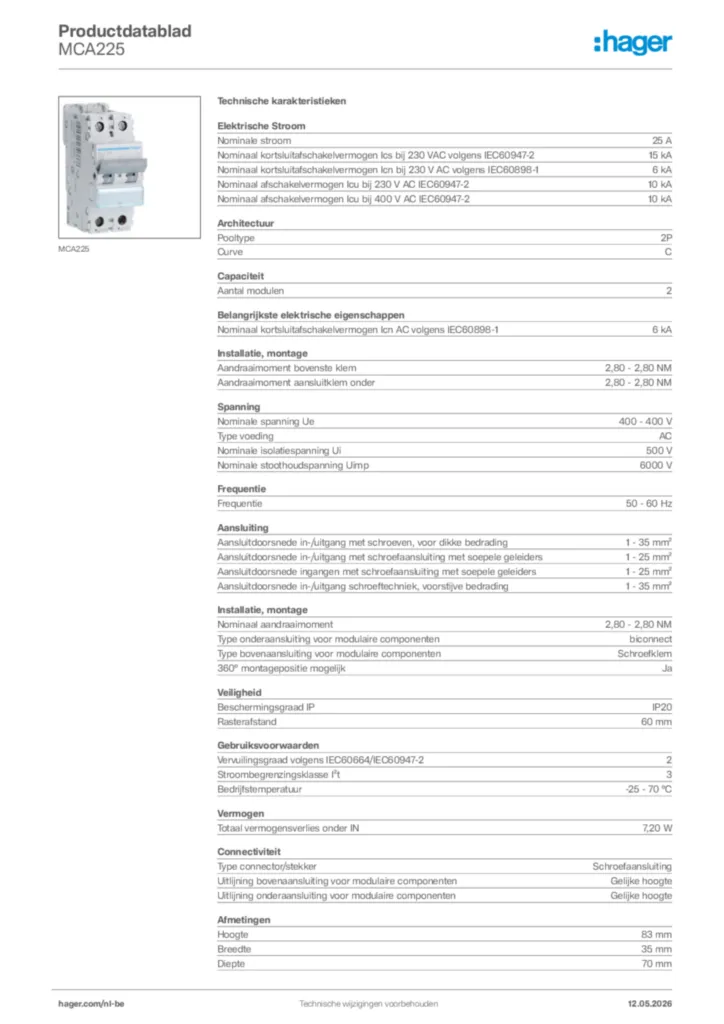Afbeelding Hager Productdatablad MCA225 | Hager Belgium