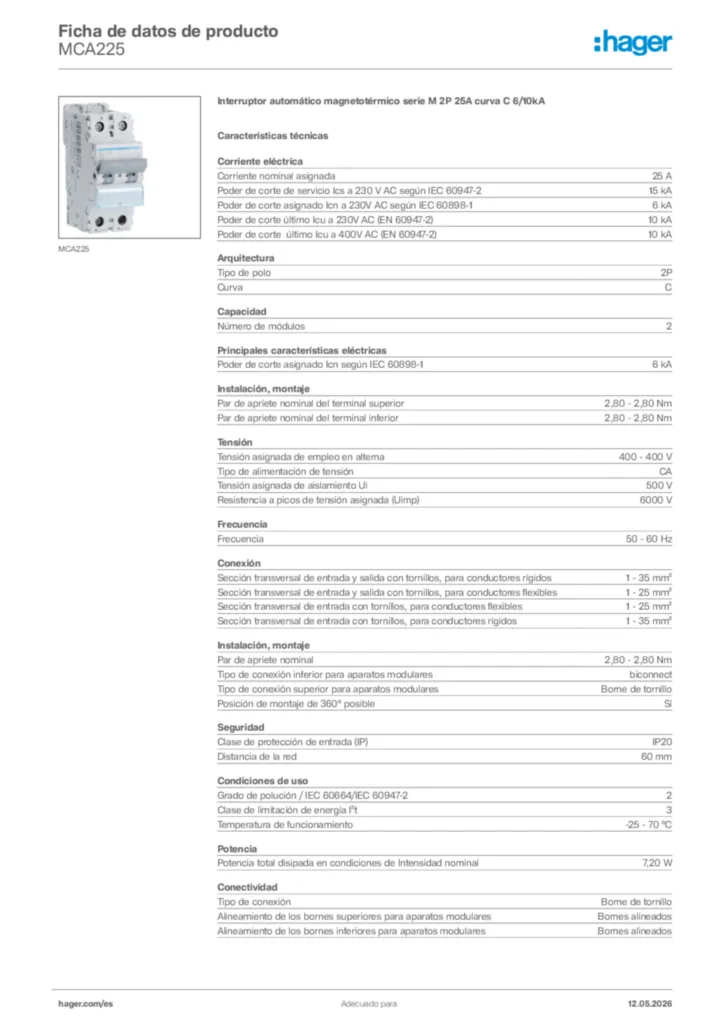 Imagen Hager Ficha de datos de producto MCA225 | Hager España
