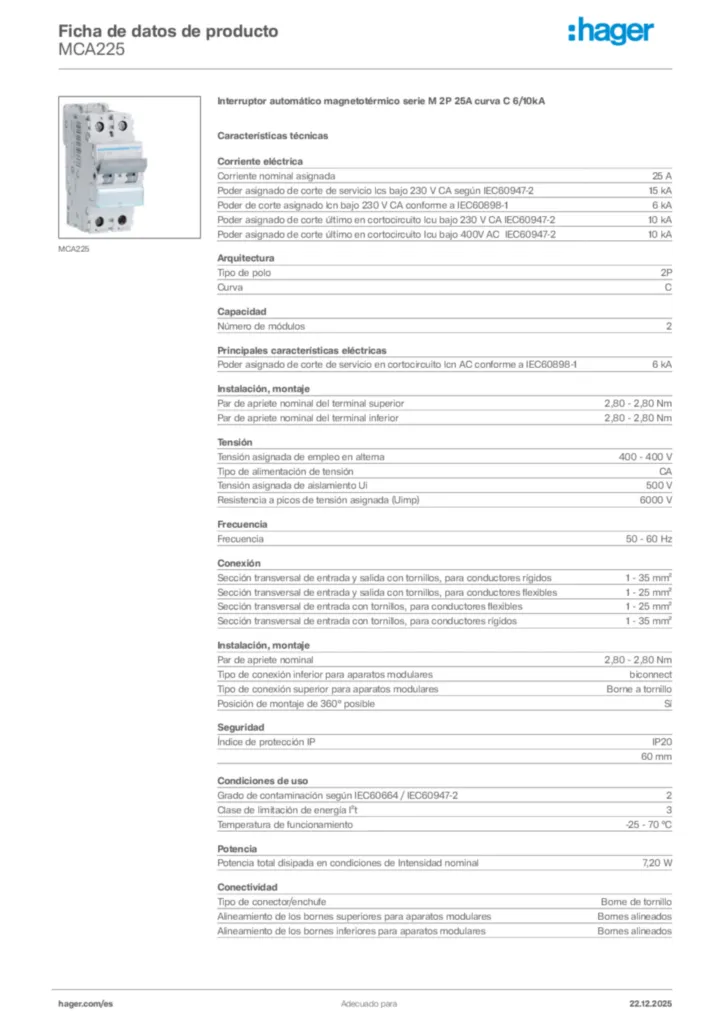 Imagen Hager Ficha de datos de producto MCA225 | Hager España
