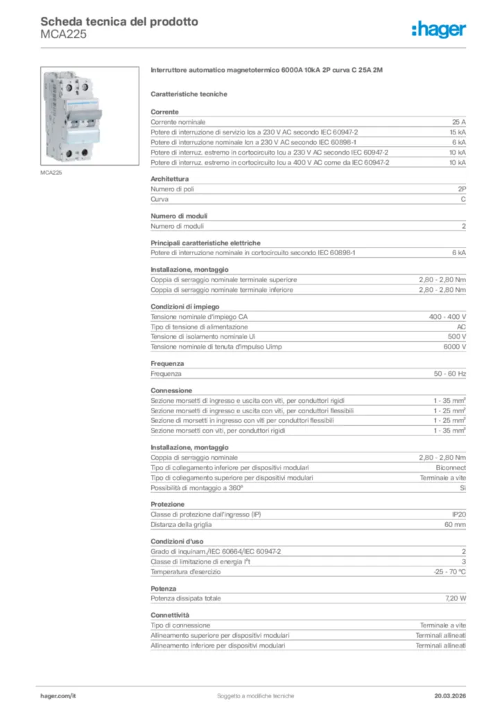 Immagine Hager Scheda tecnica del prodotto MCA225 | Hager Italia