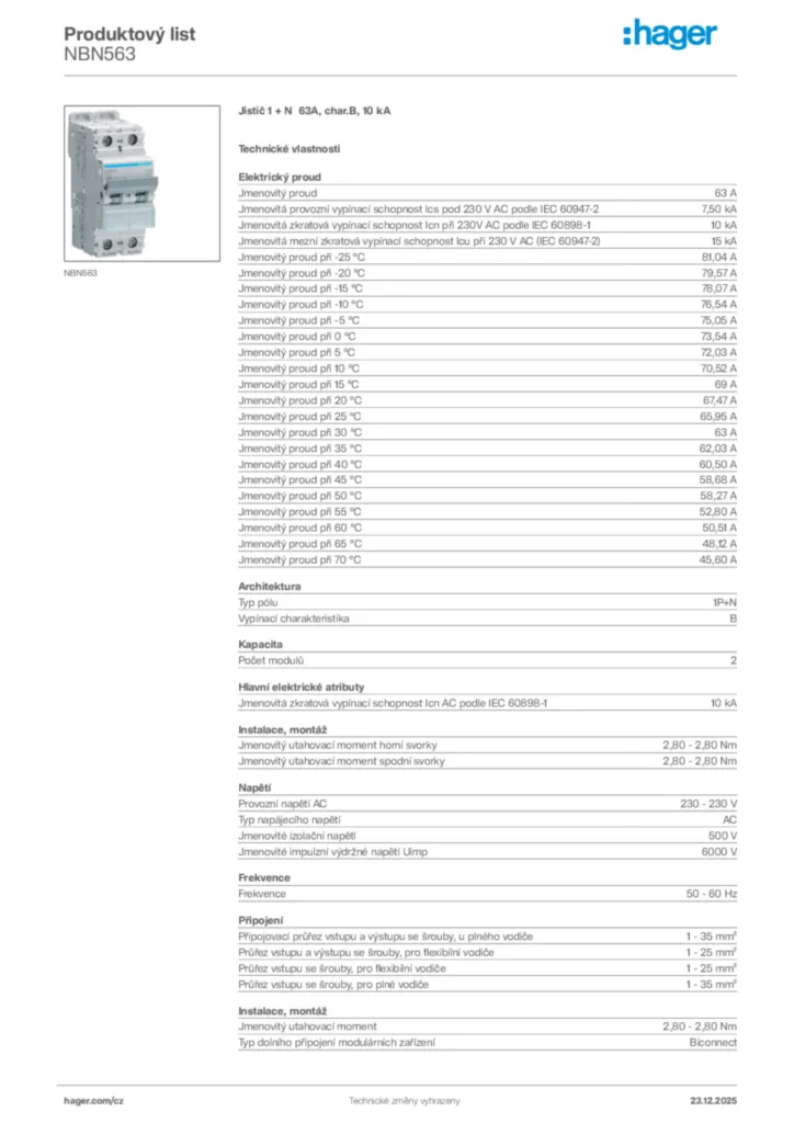 Obrázek Hager Product data sheet NBN563 | Hager