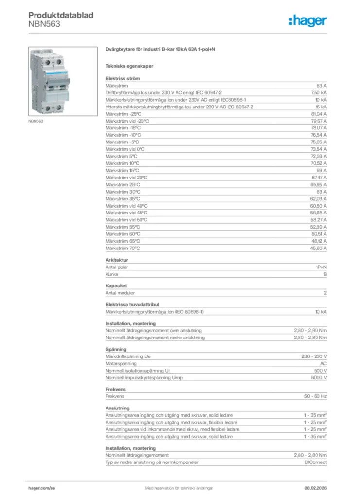 Bild Hager Produktdatablad NBN563 | Hager Sverige