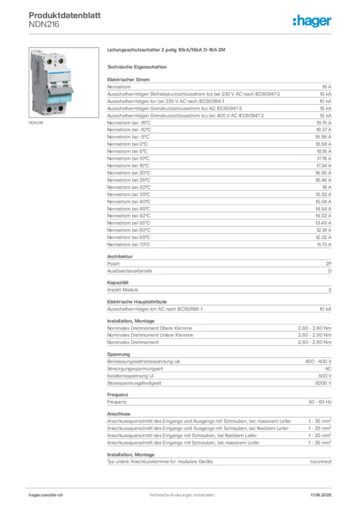 Bild Hager Produktdatenblatt NDN216 | Hager Schweiz