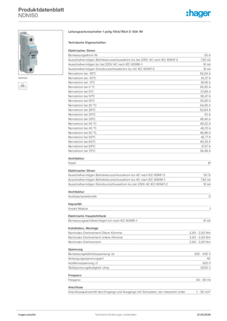 Bild Hager Produktdatenblatt NDN150 | Hager Deutschland