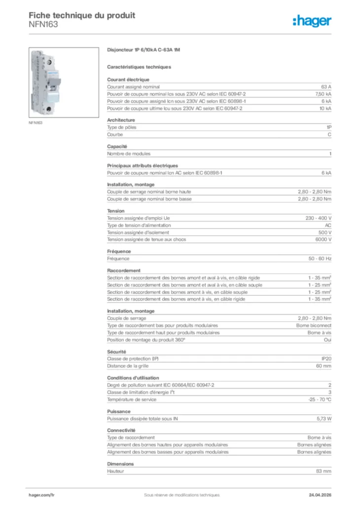 Image Hager Fiche technique du produit NFN163 | Hager France