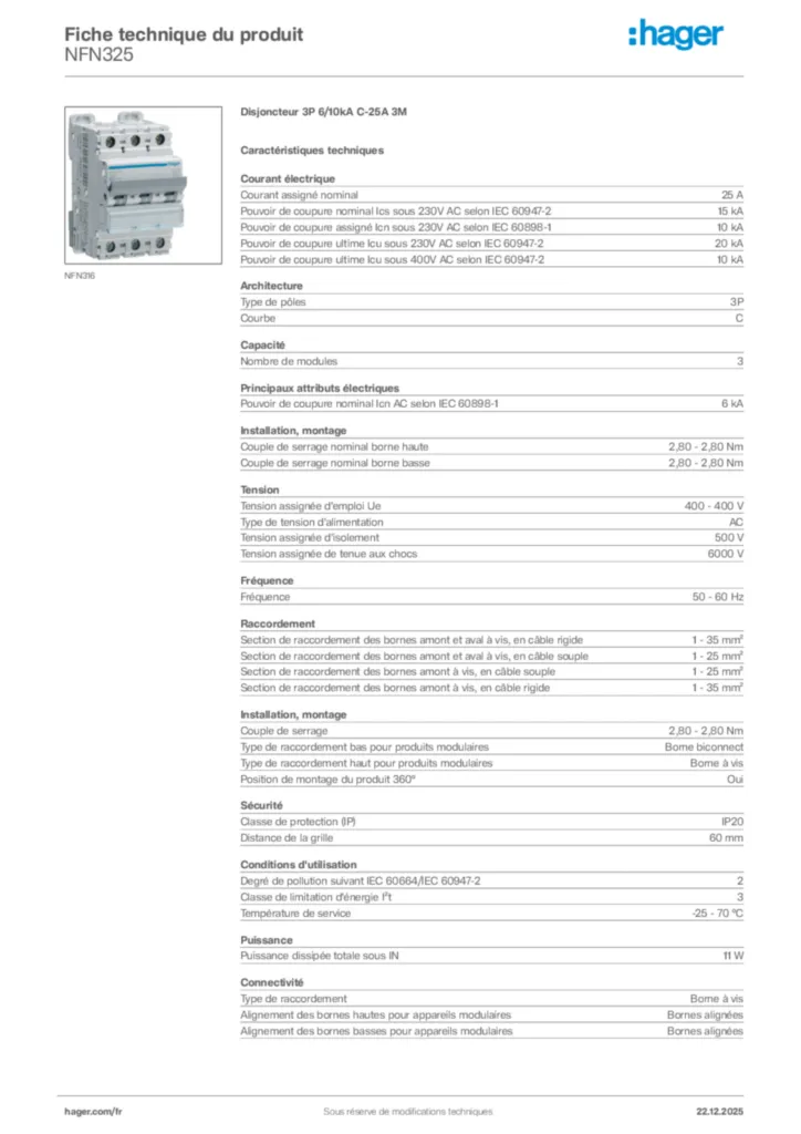 Image Hager Fiche technique du produit NFN325 | Hager France